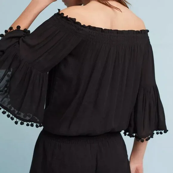 Anthropologie Lilka Pom-Trimmed Off-The-Shoulder Romper - Picture 3 of 10